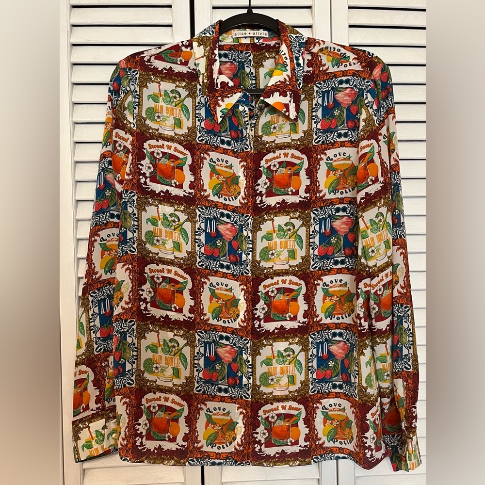 NWOT Alice + Olivia Willa Cocktail Blouse Button Up Long Sleeves Sz XL MSRP $350